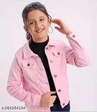 Pink Kids Denim Jacket, solid stretchable full sleeves, long sleeve, solid pattern, perfect for girls' outfits (5-6Y, 7-8Y, 9-10Y, 11-12Y), handcrafted in India