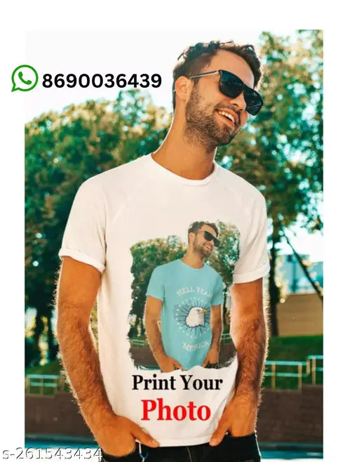 Printed polyester short sleeve white T-shirt with personal image, customizable apparel from India