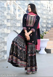 Rayon printed kurta set with dupatta and bottomwear, embellished with floral and geometric print and gota lace, size L (India)