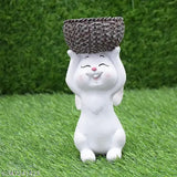 Rabbit statue with planter basket, eco-friendly resin figurine for home or garden decor, 7-inch height