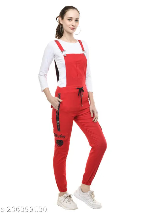 Red printing stretchable cotton blend dungaree jumpsuit, trendy women's full length western wear in sizes S-XL on clothing rack