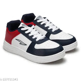 Synthetic leather boys' casual shoe, white with navy and red, lace-up detail, ideal for active play by kids aged 8-9 years