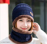 Navy blue textured arcylic unisex winter knit beanie cap with face cover, perfect for cold weather protection