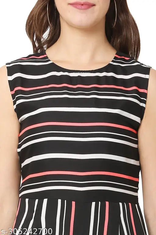 Stylish stripe jumpsuit, poly crepe sleeveless print net dress, women's fashion outfit on mannequin
