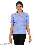 LT Blue with Lilac printed cotton mandarin collar short length cuff sleeve t-shirt, women's SYVI