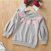 Stylish cotton crew neck sweatshirt with printed net flowers and pleated sleeves for girls aged 4-10, origin India
