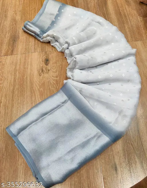 Trendy new Kodiak foil saree in chiffon, printed net, free size. Indian fashion accessory on mannequin