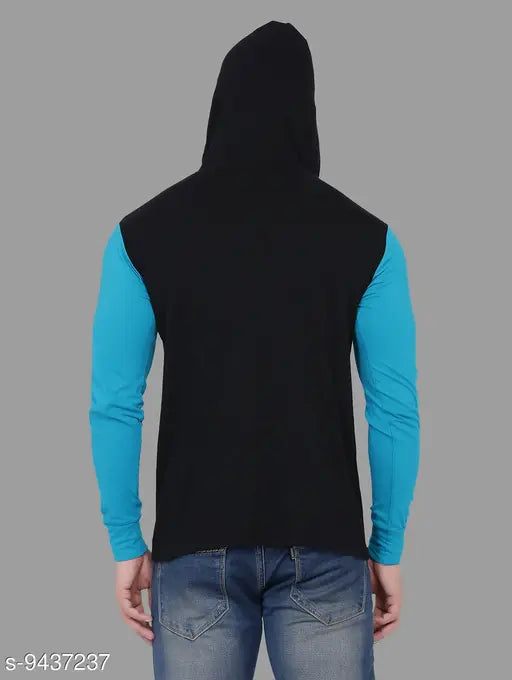 Black cotton blend solid hoodie T-shirt for men, long sleeves, high quality, premium, trusted brand, India