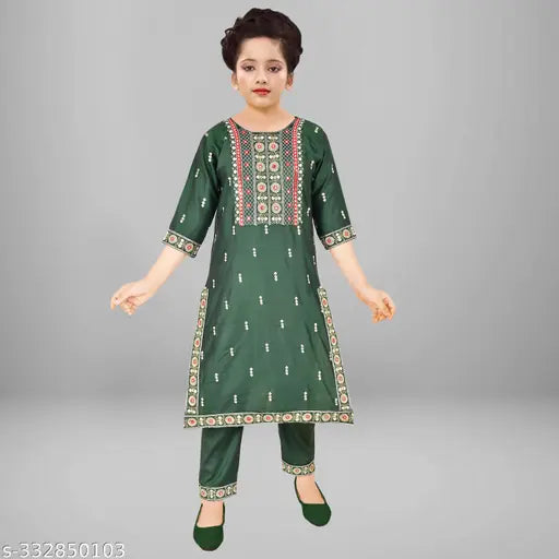 Embellished rayon embroidered kurta & trousers set for girls aged 4-7, Indian craftsmanship