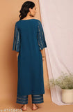 Teal poly crepe kurta and palazzo set, striped pattern, women's casual wear from Janasya, India