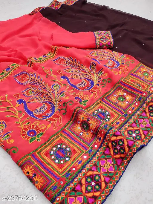 Brown and pink Georgette embroidered work half-and-half saree with running blouse, featuring flower pattern embroidery on a good fabric, originating from India (5.5m x 1.2m, free size)