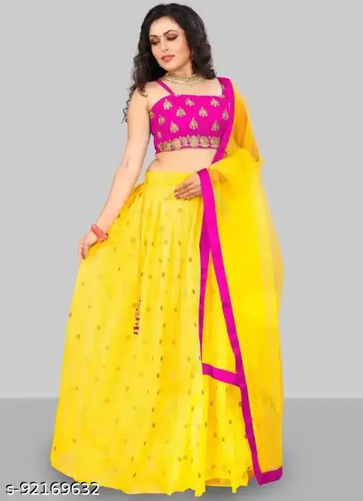 Satin and net embroidered lehenga choli set with lace dupatta, free size, Indian origin