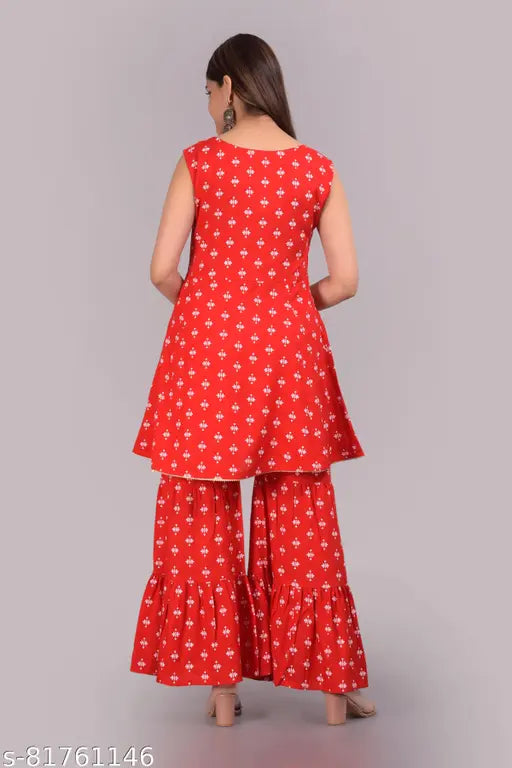 Printed rayon butterfly dupatta set with sharara bottomwear, sleeveless and vibrant design, single size available in multiple bust sizes (36m, 38in, 40in, 42in, 44m) from India