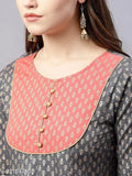 Women's cotton front slit ethnic motif kurti, three-quarter sleeves, printed combo. Close-up image of single size S kurti on hanger