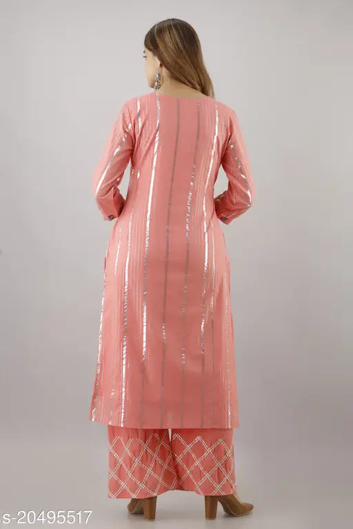 Pink embroidered cotton blend calf-length kurta with pant set - PAAWNI Woman, three-quarter sleeves, Indian origin
