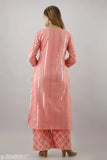 Pink embroidered cotton blend calf-length kurta with pant set - PAAWNI Woman, three-quarter sleeves, Indian origin