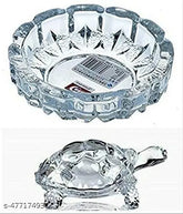 Glass Vastu Feng Shui crystal turtle with plate (12x8cm), brings prosperity & longevity, Indian-made