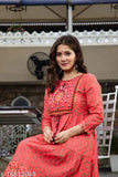 Embroidered rayon kurti with three-quarter sleeves, golden gota less Indian fashion trend