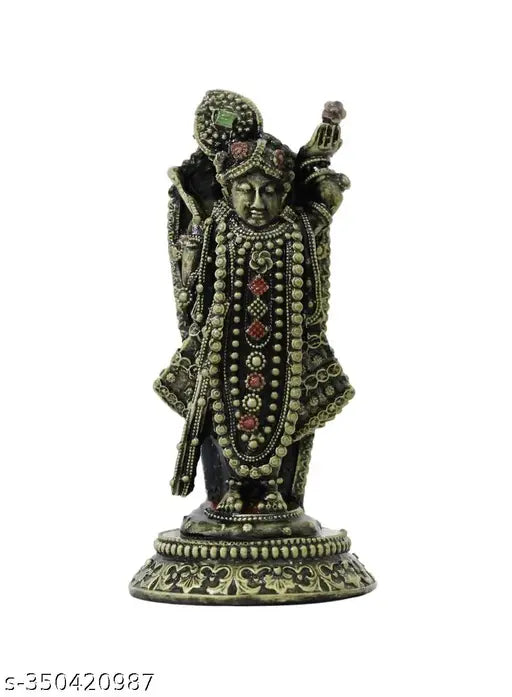 Multicolor black resin Krishna statue, Shrinathji idol for home temple gift, intricate detailing on 6.5cm x 14.5cm x 2.5cm figurine