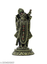 Multicolor black resin Krishna idol, Shreenathji statue for home temple, 6.5 cm tall, 14.5 cm high, spiritual gift from India