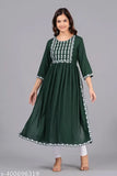 Rayon Naira Cut Embroidery Kurta, solid combo, three-quarter sleeve length