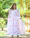 White and pink georgette printed net daisy dupatta, Indian traditional wear