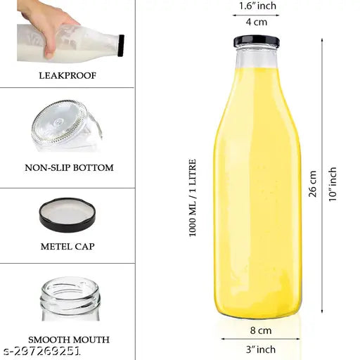 Clear transparent 1000ml glass bottle with air-tight black lid - pack of 1 (Fridge glass bottle)
