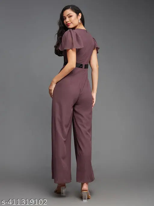 Mauve Georgette straight ankle-length jumpsuit with V-neck and short sleeves, zip closure and slit pocket