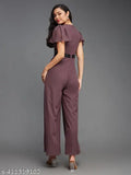 Mauve Georgette straight ankle-length jumpsuit with V-neck and short sleeves, zip closure and slit pocket