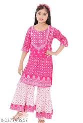Printed rayon kurta set with chiffon dupatta for kids aged 5-9 years, ethnic Indian attire on display