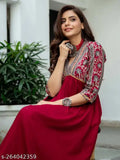 Maroon rayon printed Anarkali kurti with three-quarter sleeves, vibrant Indian fashion for women