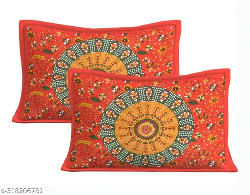 Red Mirchi King Size Double Bedset, 100x90 inch Rajasthani Jaipuri floral cotton bedskirt with 2 pillow covers