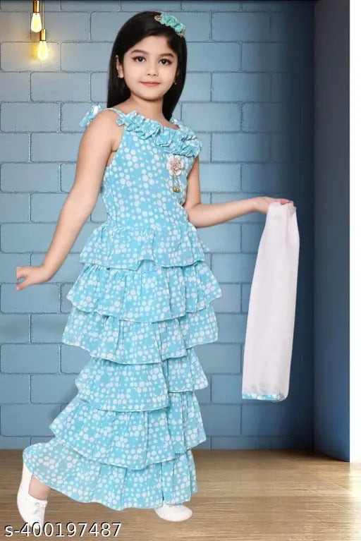 kids girls ethnic chiffon sharara top plazo dupatta set, new trendy stylish Indian fashion for summer parties, sky-blue color dress, size range from 3-4 to 9-10 years
