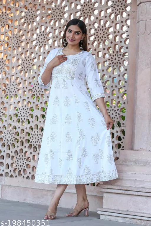 Rayon sequinned Anarkali kurti in white with gold print, embroidery on yoke, sleeves, and border - ideal for parties, Indian occasion wear