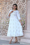 Rayon sequinned Anarkali kurti in white with gold print, embroidery on yoke, sleeves, and border - ideal for parties, Indian occasion wear