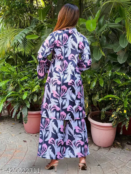 Printed polyester chikankari short kurti with palazzos, Indian ethnic wear for women