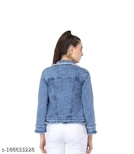 Blue denim Women's Teen Patti Jacket Dhol Wash, solid design, long sleeves, Indian origin