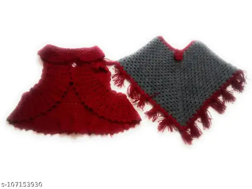 Handmade grey & red woolen poncho & jacket combo for 6-15 month babies, ideal for parties and special events in winter/semi winter by New Jain Traders