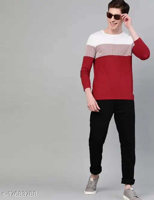 Multicolor cotton long sleeves men's colorblocked roundneck t-shirt by EyeBogler, India origin