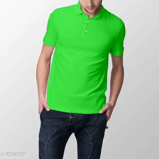 Trendy men's solid short-sleeve collar T-shirt, cotton made, size M (38in chest, 26in length), India origin