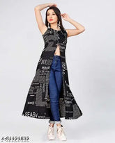 Indian-origin printed crepe kurti, sleeveless, embellished design. XS (34in bust), S (36in bust), M (38in bust), L (40in bust)