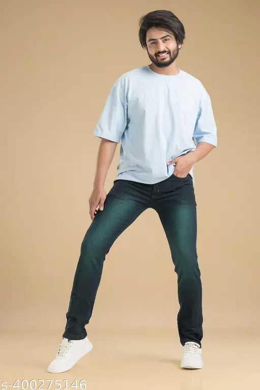 Green denim men's jeans, solid pattern, stretchable and comfortable. Affordable quality from Indian experts. Size 30 (waist 31", length 40"), greenish black color