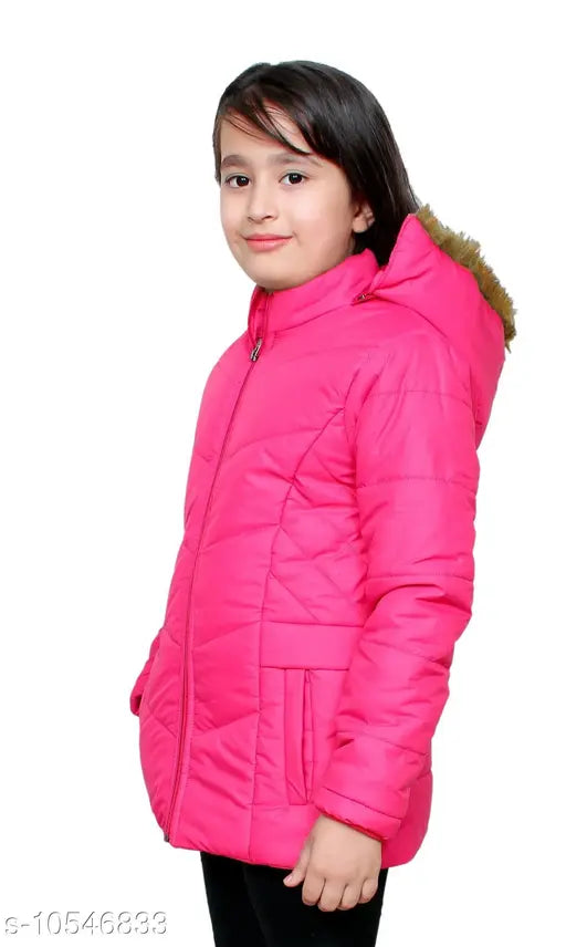Pink nylon girls' jacket & coat, solid pattern, 10-11 years size, made in India