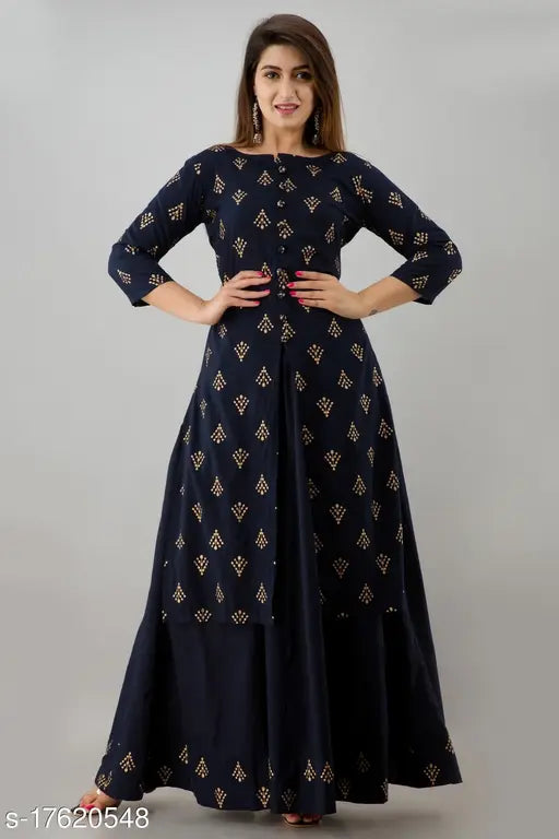 Blue and gold printed cotton rayon blend straight kurta skirt by SVARCHI