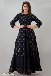 Blue and gold cotton rayon blend straight kurta skirt with gold print