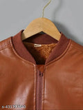 Leather kids bomber jacket with fur inside, PU sleeves, solid pattern, various sizes for boys and girls (India)