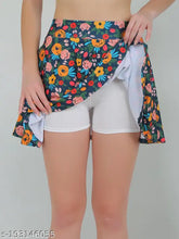 Green floral printed polyester mini skirt with attached inner shorts, high elasticity and double-layer design for versatile occasions