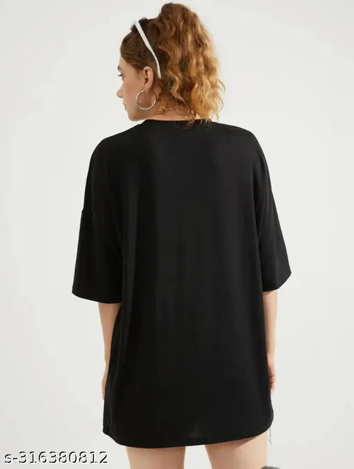 Black cotton oversize Brooklyn t-shirt with off-shoulder design and printed pattern, available in sizes XS to XL