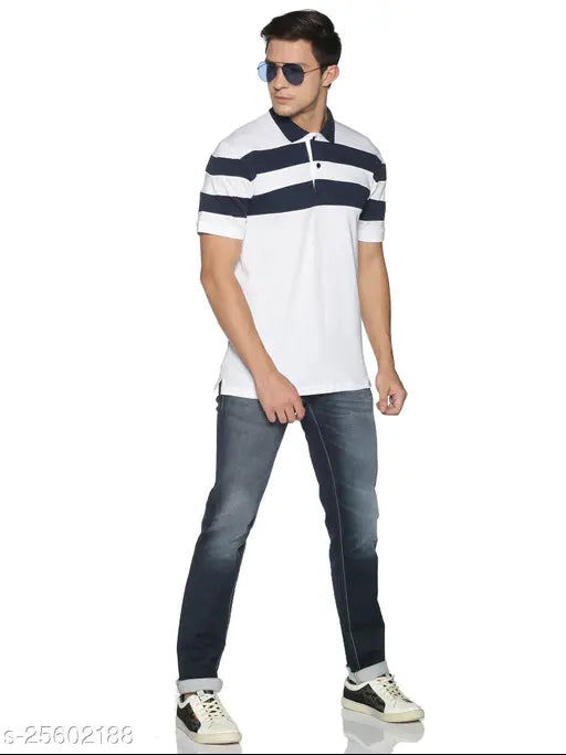 Adro Premium Cotton White Colorblocked Men's Polo T-Shirt, 100% cotton, short sleeves, S & M sizes available for this Summer style from Indian brand