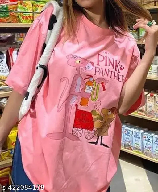 Cotton blend printed round neck oversized t-shirt for women & girls, size M, Indian origin